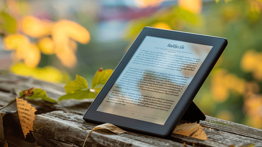 E-reader on a wooden bench in autumn